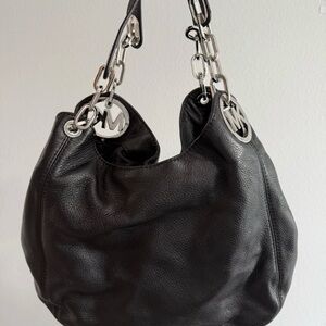 Michael Kors Black Leather Shoulder Bag with Silver Accents